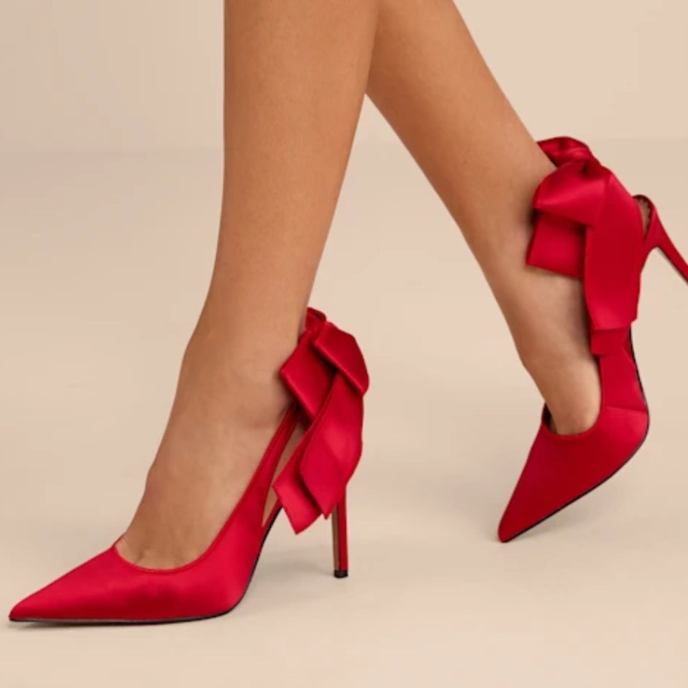 Lulu's Red Satin Pointed-Toe Bow Stiletto Heels